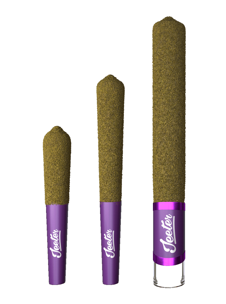 Three Jeeter pre-rolls in varying sizes, featuring a distinctive purple branding and a textured green tip, displayed against a black background. Ideal for cannabis enthusiasts seeking high-quality pre-rolled joints.