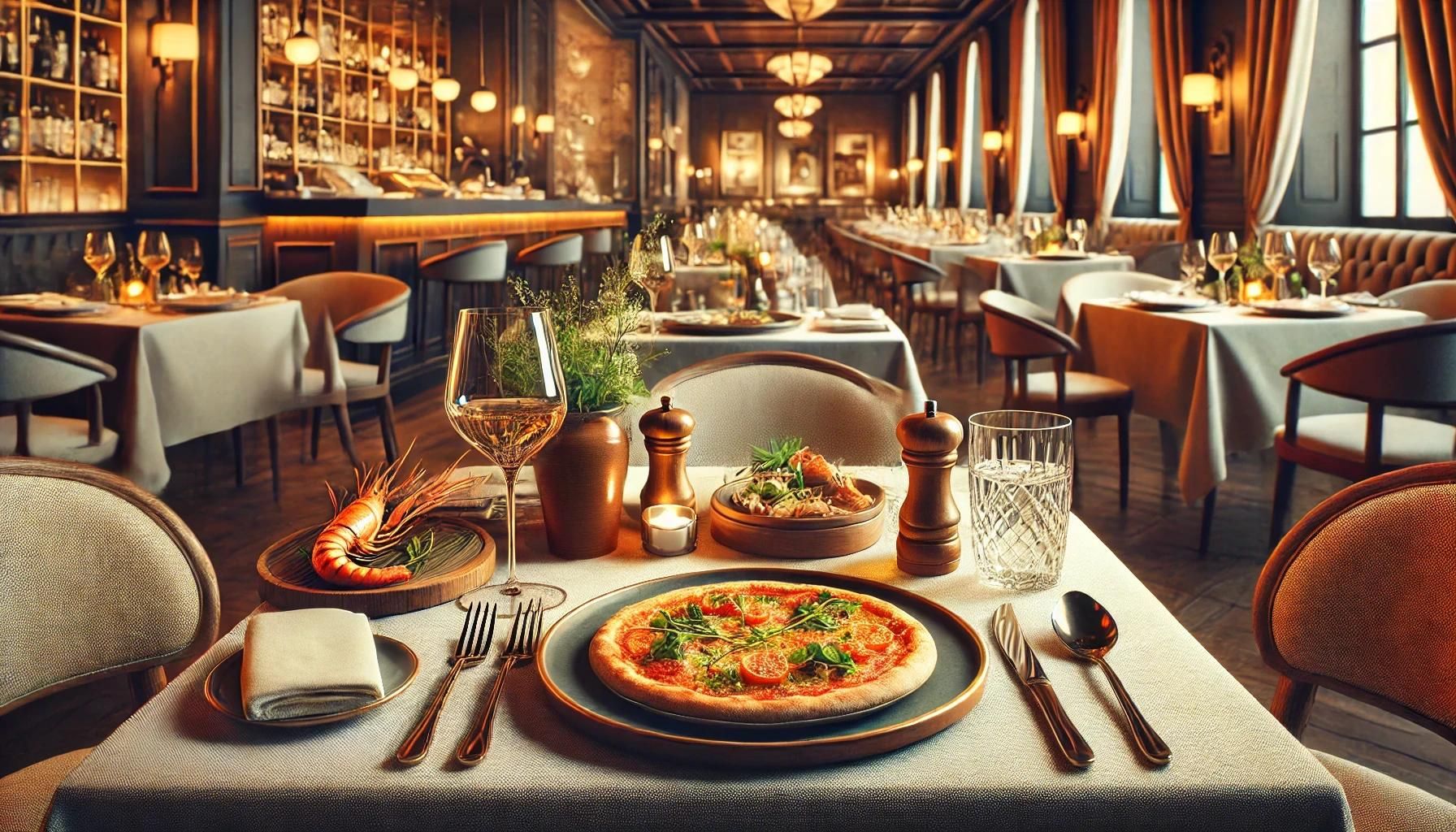 Elegant restaurant interior featuring a beautifully set table with a gourmet pizza, fresh seafood, and fine dining utensils, complemented by stylish glassware and warm ambient lighting.